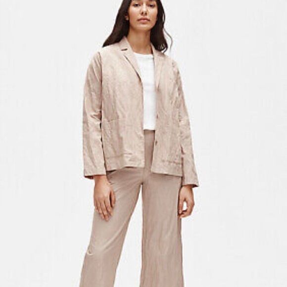 Eileen Fisher Bramble Boxy Crinkle Organic Cotton Steel Blazer Jacket Large Tan - Picture 5 of 15